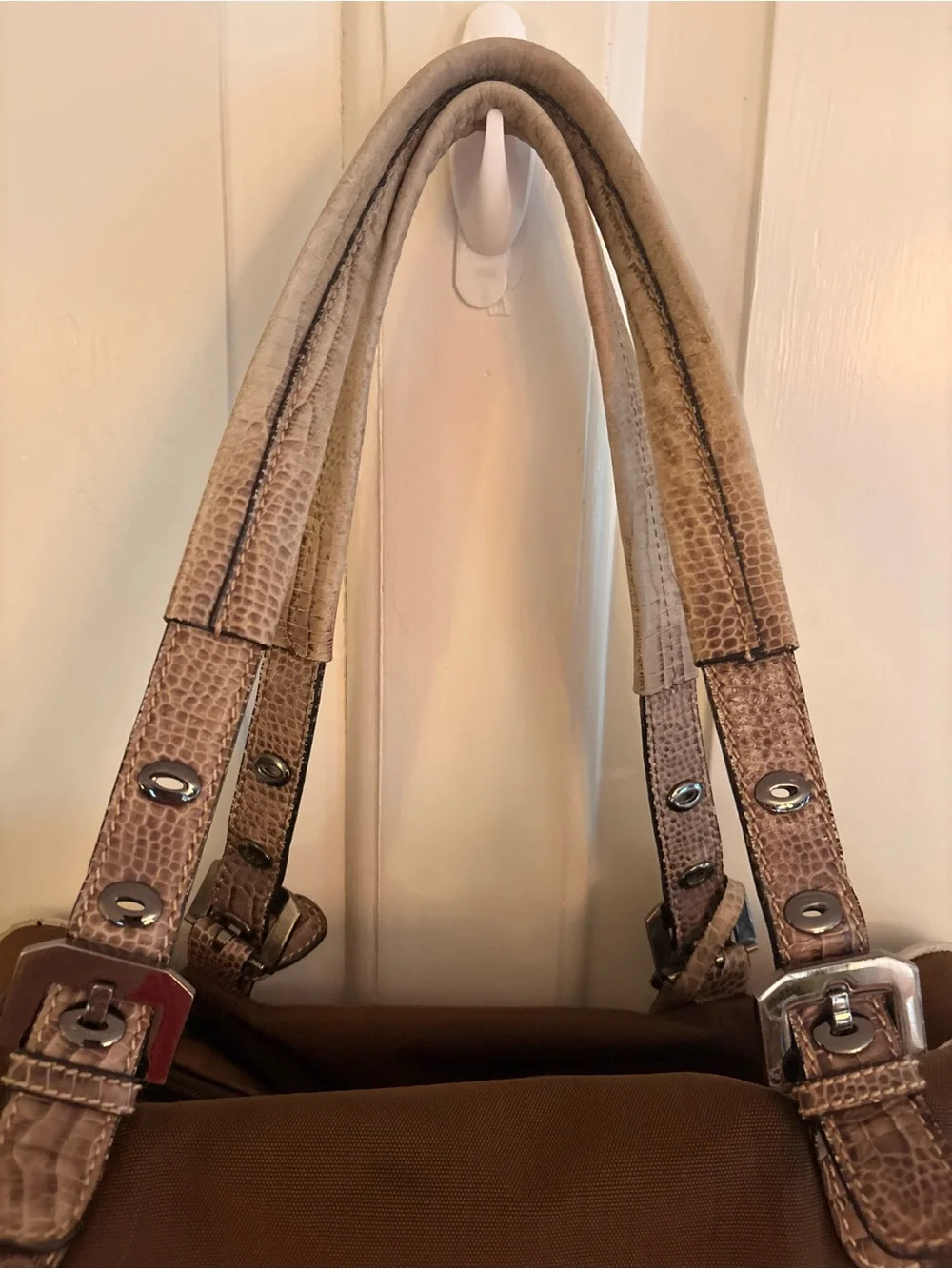 Vintage Adrienne Vittadini Brown Nylon Satchel Faux Croc Leather Duffel/Tote Bag